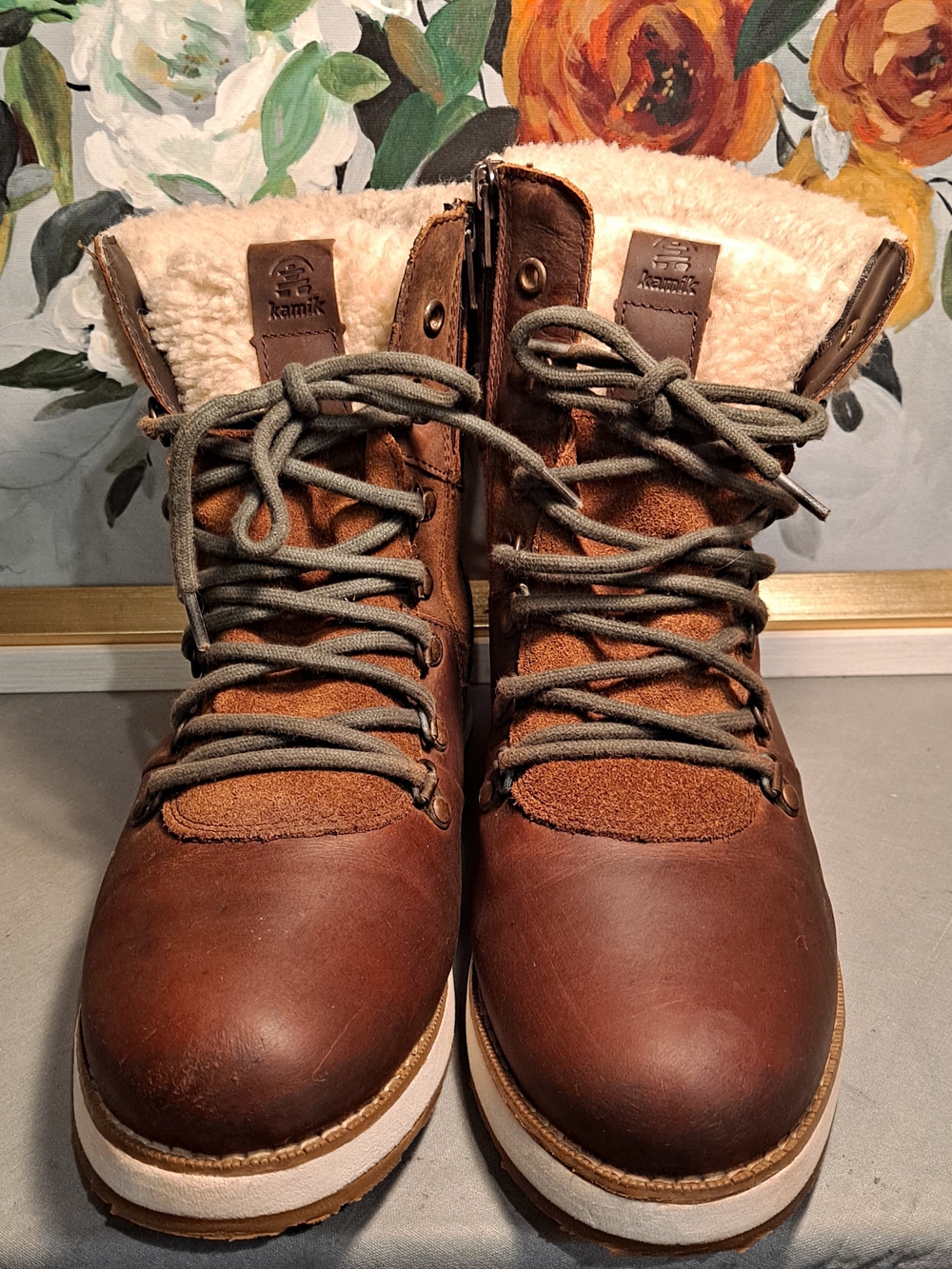 Kamik Ariel F Brown Leather Insulated Lace-Up Side Zip Winter Boot Cozy Shearing